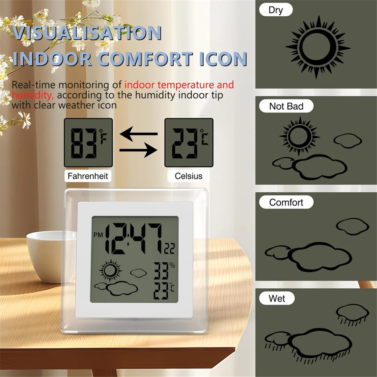 

JAS-Digital Battery Operated Alarm Clock with Auto Backlight, Indoor Temperature Humidity, 12/24H, Date, Desk Clock