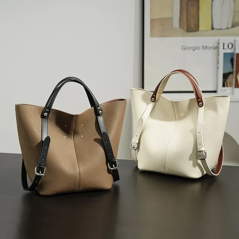 

Вместительная женская сумка-ведро из натуральной кожи, ретро-стиль, для повседневного использования, на плечо, с магнитной застежкой, черная