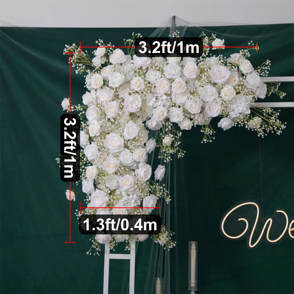 Triangular Flower Row for Wedding, Floral Arrangement, Event Backdrop, White Yellow Rose Decoration, 3.2ft