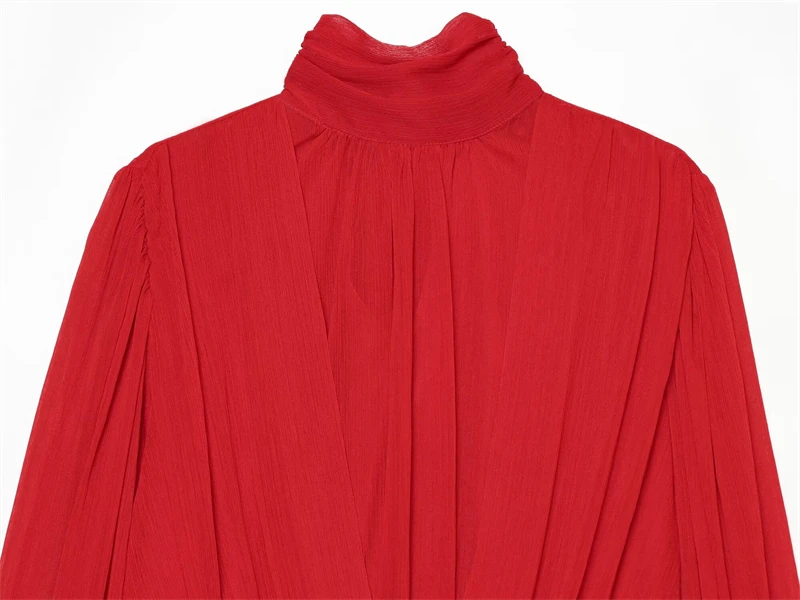 Guobioziy 2026 Autumn Women High Neck Wrap Front Blouse Long Flare Sleeve Ruffle Cuff Elegant Romantic Evening Party Daily Top