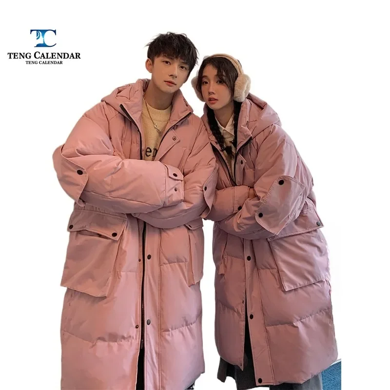 Unisex Loose and Thick Hooded Couple Coat, Fashionable and Versatile Down Jacket, Medium to Long, Winter, New Style