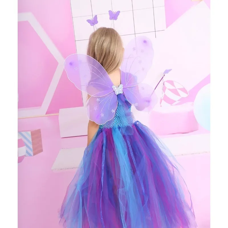 Fairy Princess Girls Tutu Dress with Wings and Wand Kids Birthday Party Pageant Ball Gown Purim Carnival Vestidor Robe Infantil