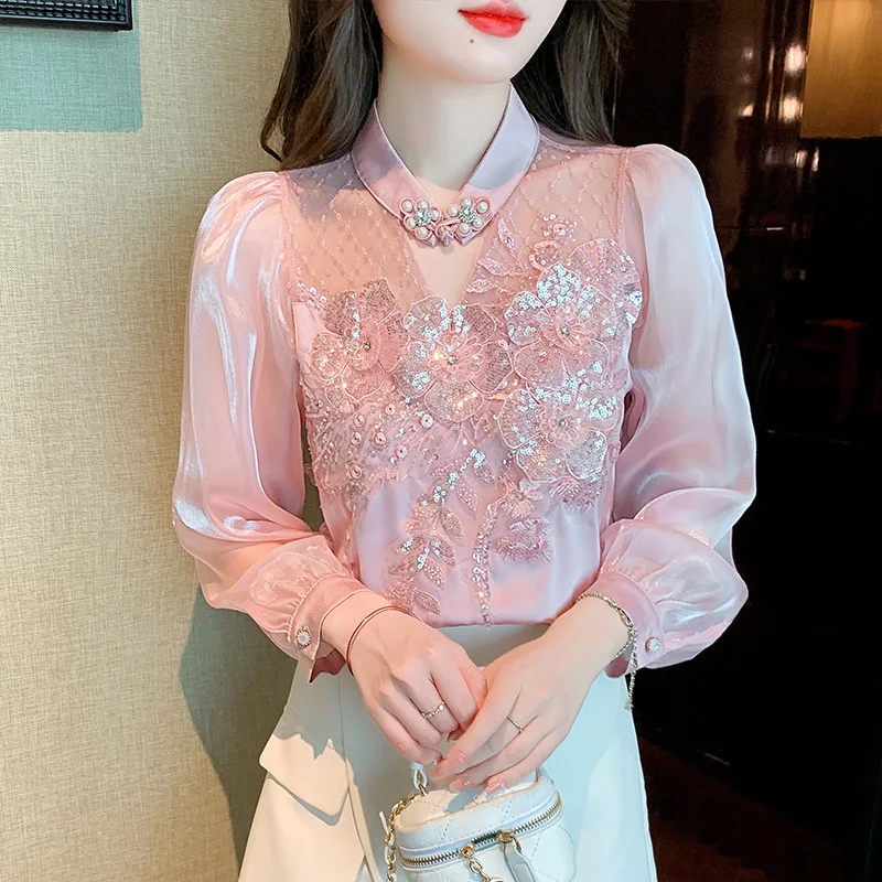 #2579 Pink Vintage Chiffon Blouse Women Stand Collar Hollow Out Sexy France Style Retro Sequined Flower Womens Tops And Blouses