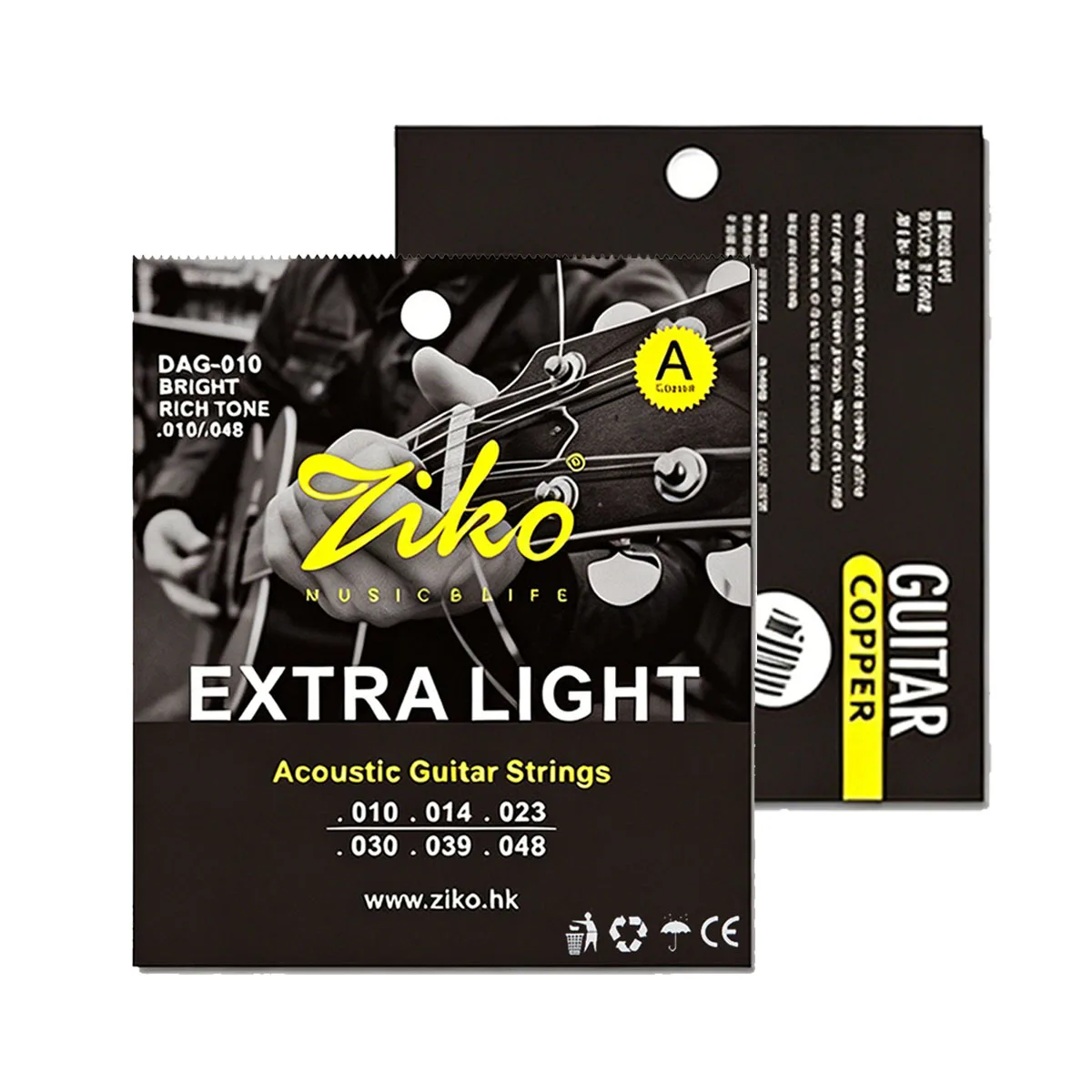 ZIKO 1/2 Set DAG-010 Folk Guitar Strings Brass,010-048 Extra Light Feel, Balanced Sound, Anti-Corrosion Pack, 880mm Length, 6pcs