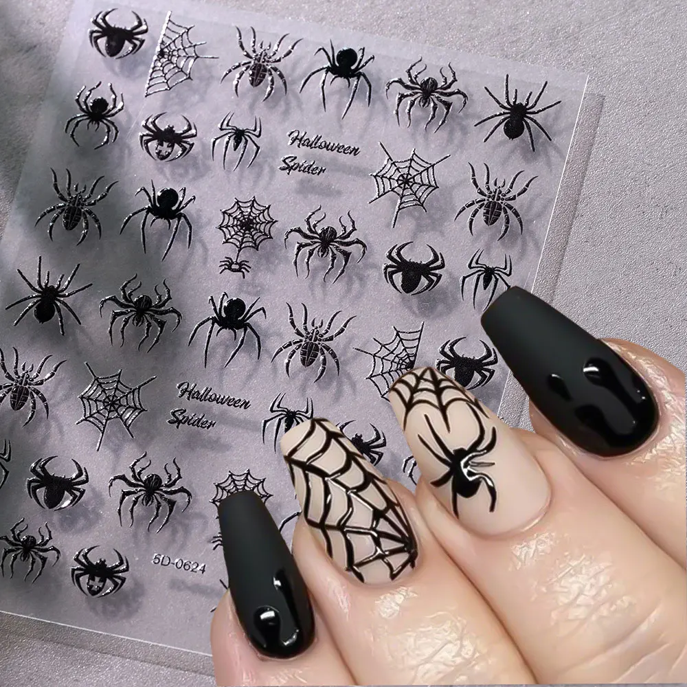 5D in rilievo Halloween Ragno nero Adesivi per unghie Spaventoso Ragnatela nera Decalcomanie per unghie Ragno autoadesivo Forniture per nail art 8 * 10c