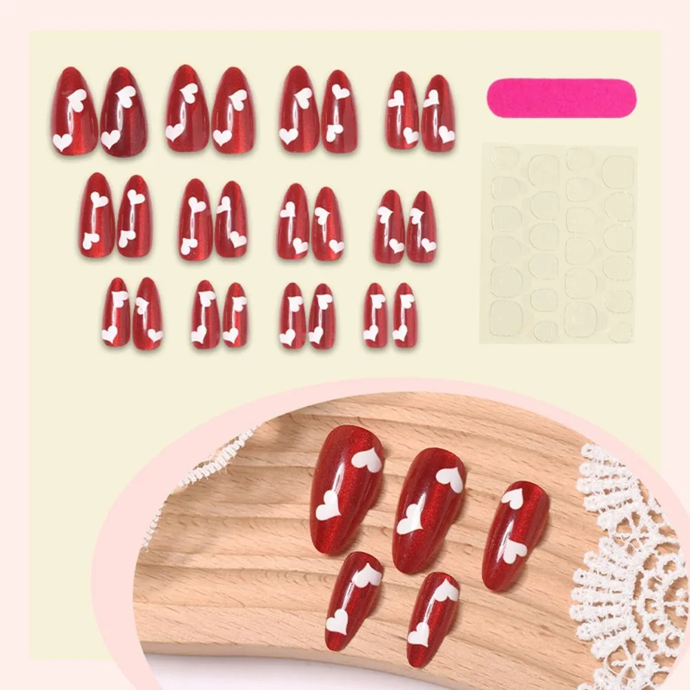 Burgundy Press on Nails - Short Oval Fake Nails with Heart Designs False Nails Valentine’s Day Glue on Nails Full Cover Glossy - Detail 1
