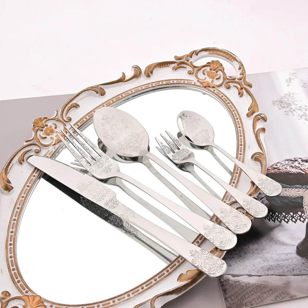 4/5Pcs Dinnerware Set Spoon Fork Knife Kit Silverware Stainless Steel Vintage Flower Carved Cutlery Set for Family Gathering