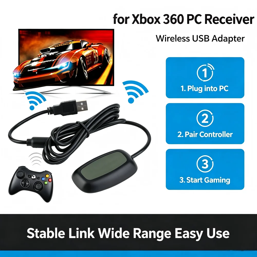 USB Wireless Game Receiver For Xbox 360 Wireless Controller, PC Gamepad Adapter Converter, for Support Windows XP 7 8 10