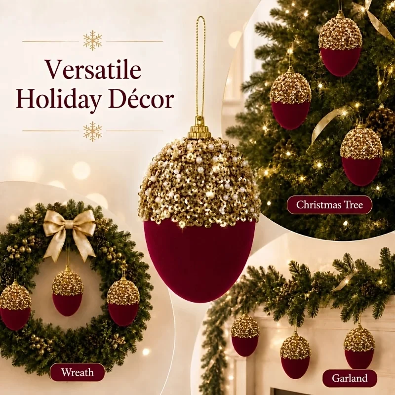 4pcs Wine Red Velvet Acorn Pendant With Sequins Crown Acorn Decorations 2026 Christmas Tree Decoration Christmas Home Decoration