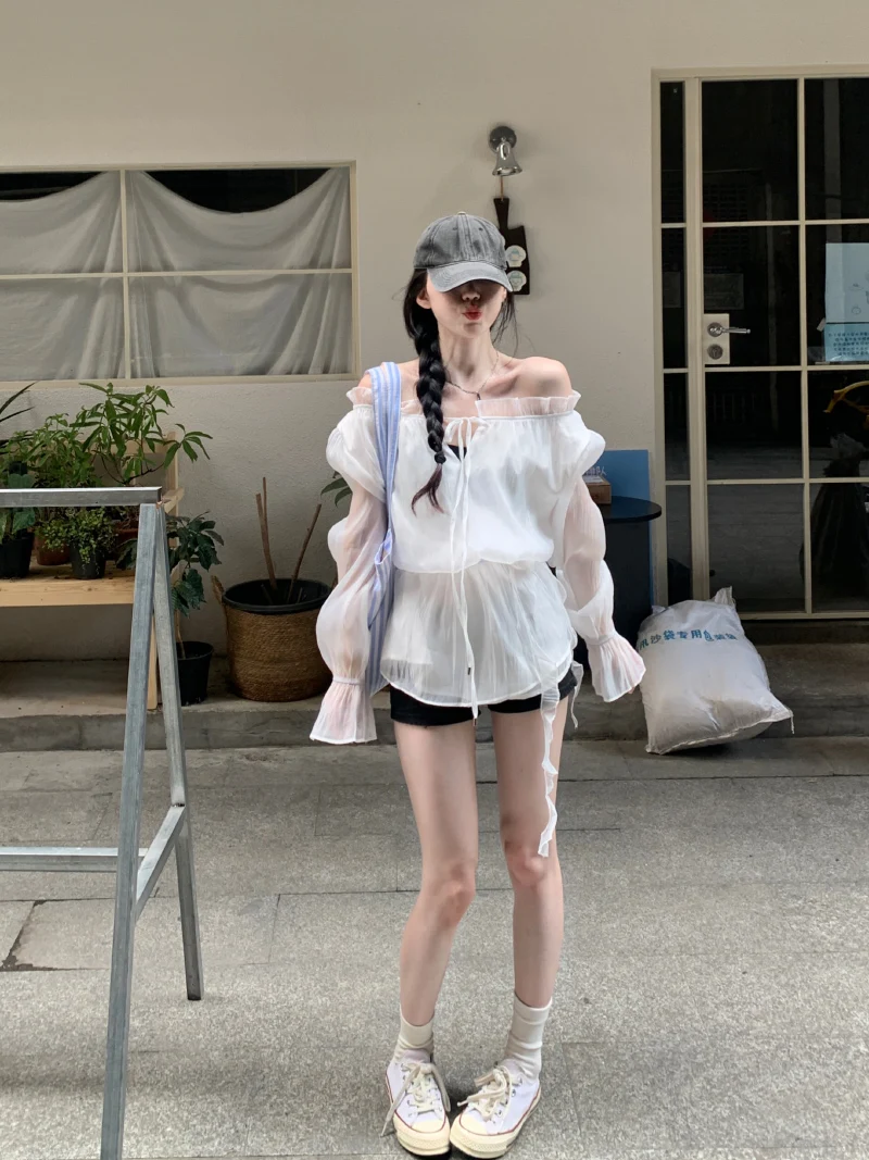 

Elegant White One-Shoulder Thin Shirt Women's Loose Slimming Top Fashionable Spring Anti-Aging Breathable Bubble Sleeve
