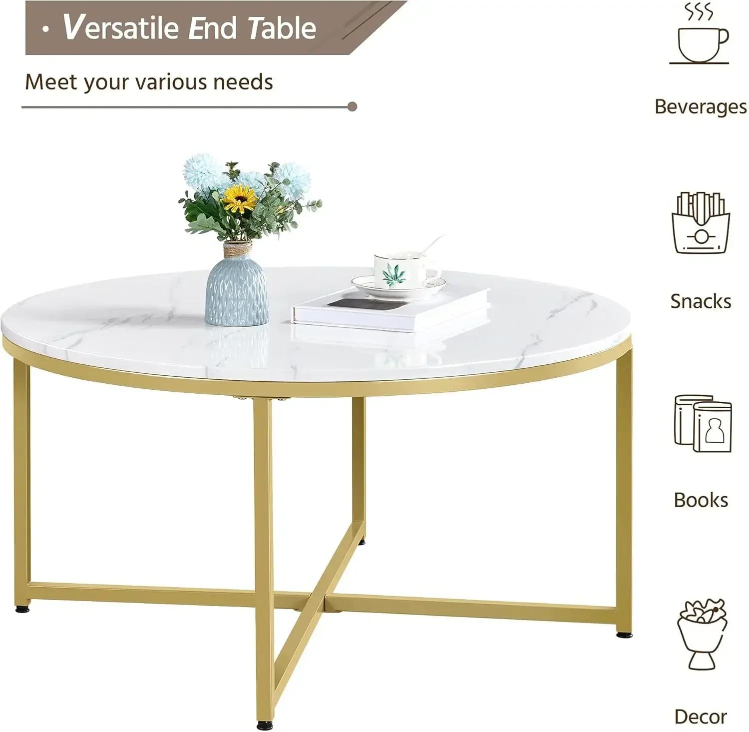 Faux Marble Coffee Table, 35.5in Round Coffee Table with Metal Legs for Living Room, Modern Center Table for Home & Office