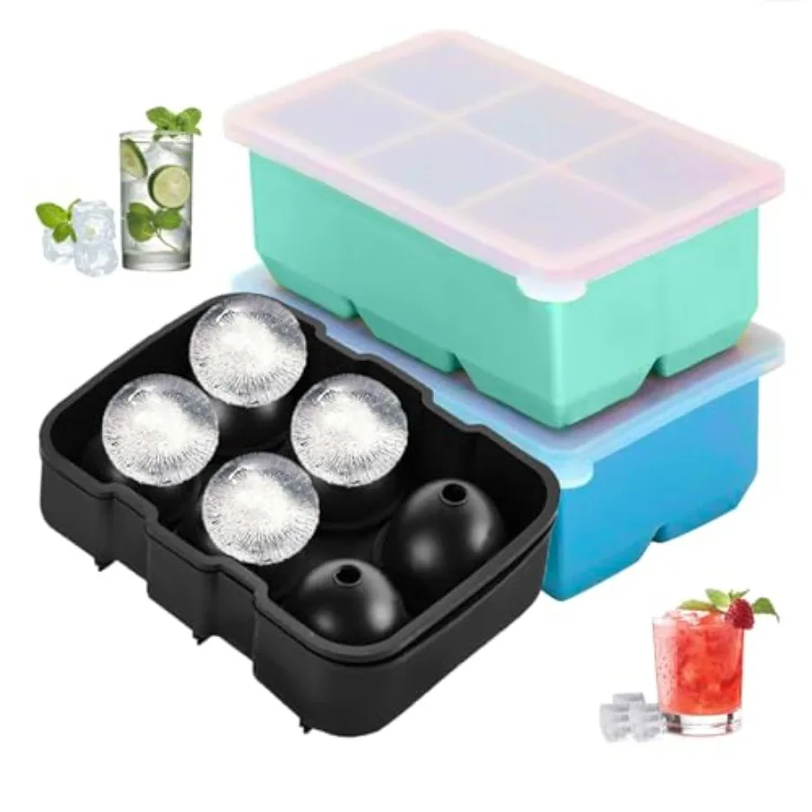 

Silicone Ice Cube Trays 2-in-1 Combo: Large Square Ice Cube Molds with Leak-Proof Lid and Ice Ball Maker 6 Spheres + 12 Cubes S