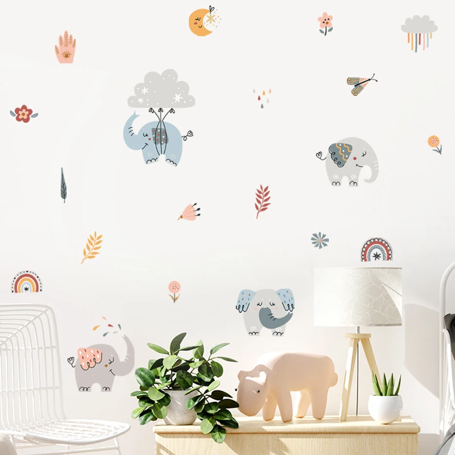 

Boho Cartoon Elephant Cloud Leaves Nursery Wall Decals Art Posters Gifts Kids Room Girls Bedroom Sticker Removable Home Decor