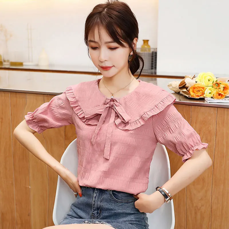 Women Clothes Summer Fashion Simplicity Sweet Bow Short Sleeve Shirts Women's Solid Color All-match Elegant Temperament Tops