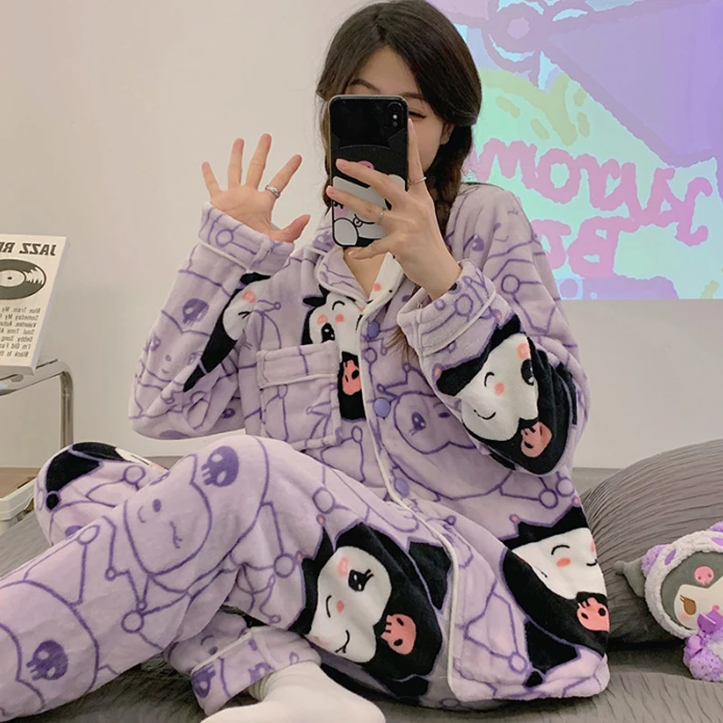 Sanrios Kuromi Hello Kitty My Melody Autumn Winter Cartoon Coral Velvet Pajamas Lapel Cardigan Flannel Thickened Home Clothes