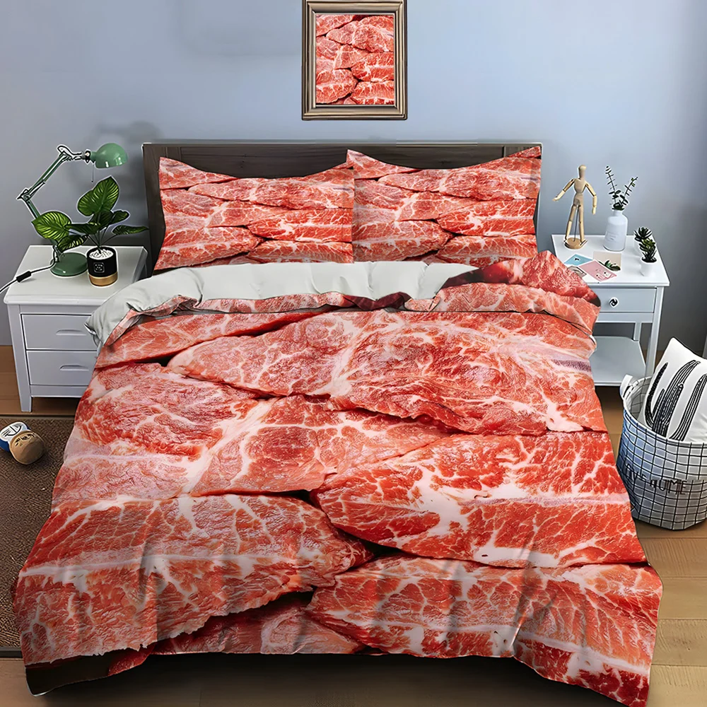 HD Meat Bacon Food Print Bedding Set Duvet Cover 1 Duvet Cover 2 Pillowcases Adult and Children Bedding Set Luxury for Gifts