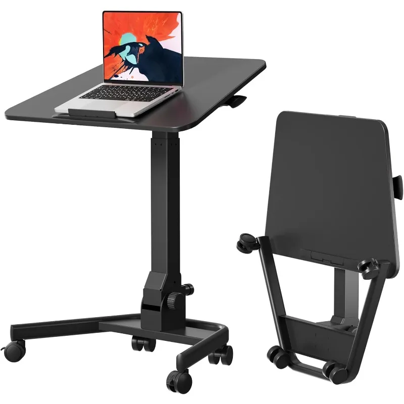 Foldable Mobile Standing Desk, Pneumatic Height Adjustable Rolling Sit Stand Desk, 90° Tiltable Portable Laptop Desk on Wheels