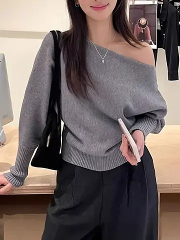 Batwing Long sleeve Knitted Pullover Women 300g Thick Off shoulder Top Korean Fashion Sweater Loose Casual Autumn Outwear Pull
