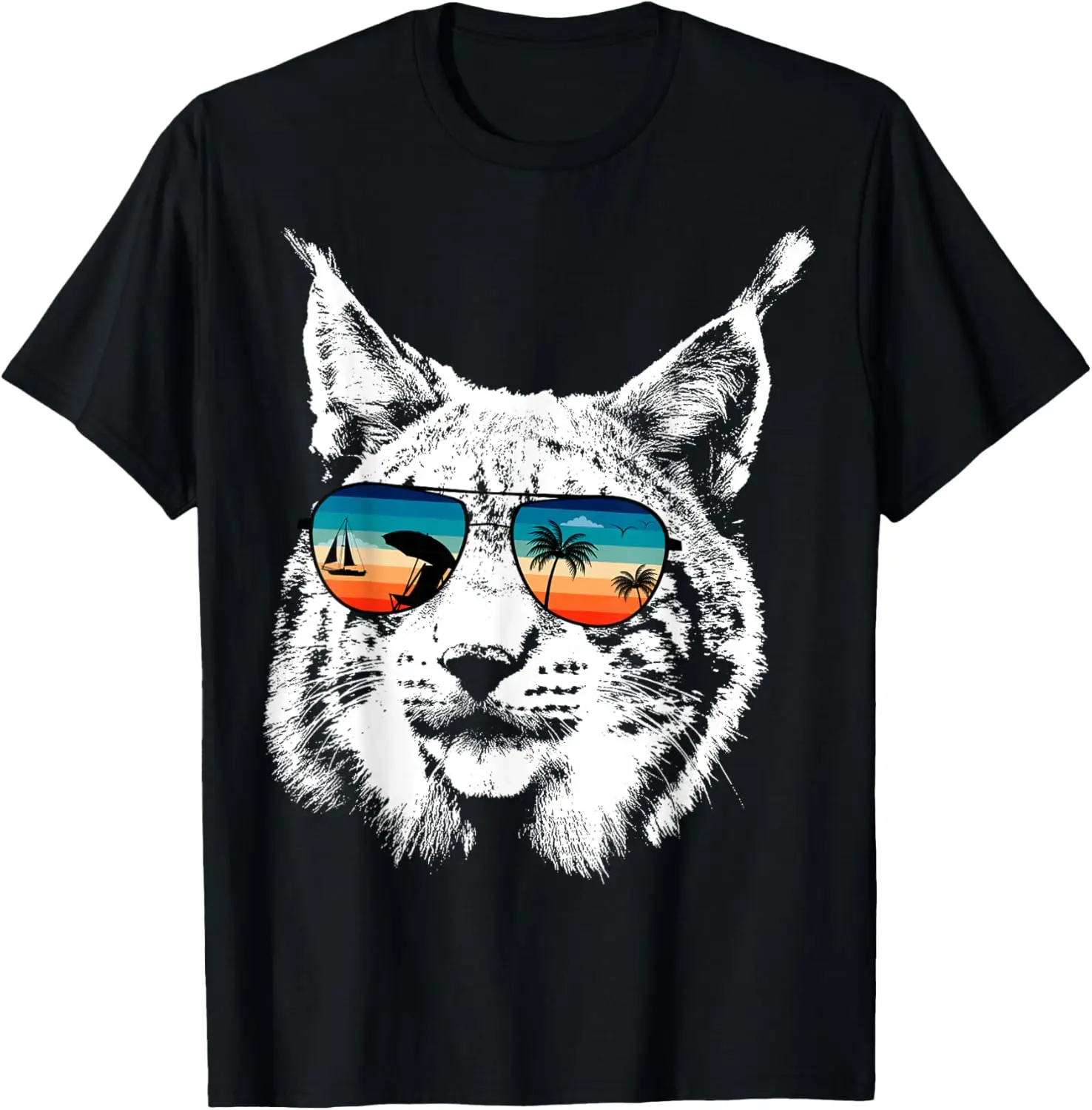 

Bobcat Wearing Retro Sunset Beach Sunglasses Graphic T-Shirt Vacation Trip