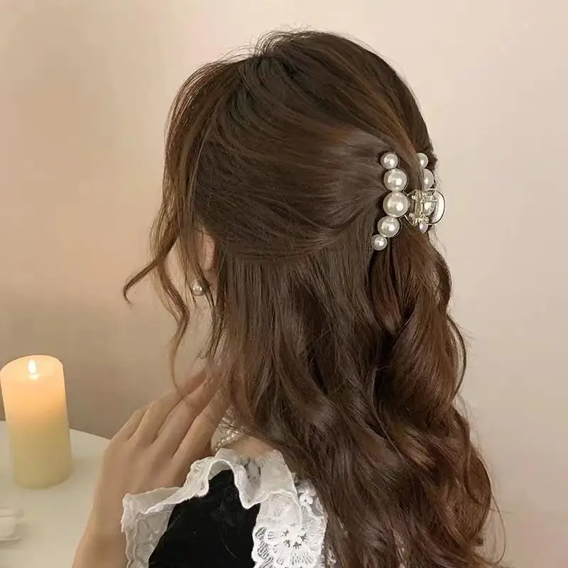Fermaglio per capelli retrò di alta gamma con grande perla per donne, fermaglio per chignon sulla parte posteriore della testa