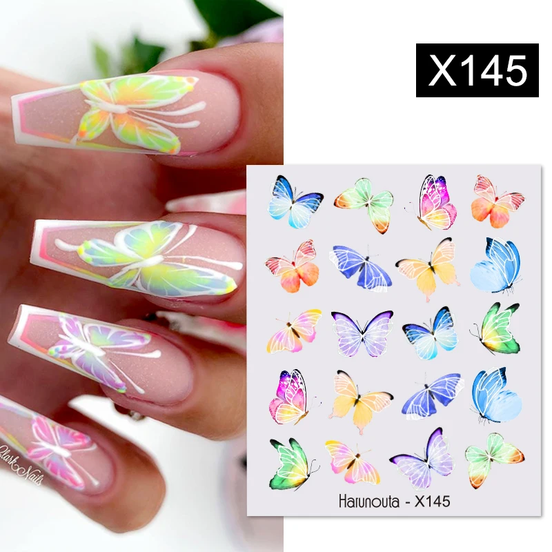 Harunouta Butterfly Flower Design Leaves Nail Water Decals Color Wave Geometric Line Charms Sliders Decoration Tips For Nail Art