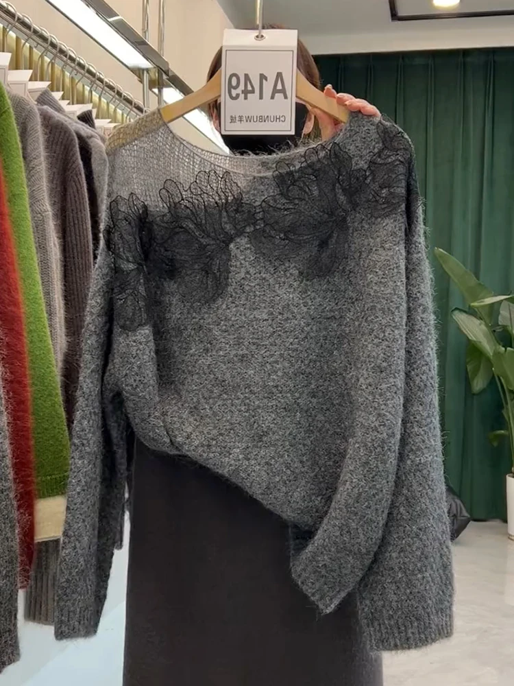 

Модный дизайн с кружевной вышивкой, мягкий ажурный вязаный свитер большого размера Camere Commute Sle Long Sve round Ne Knitwear