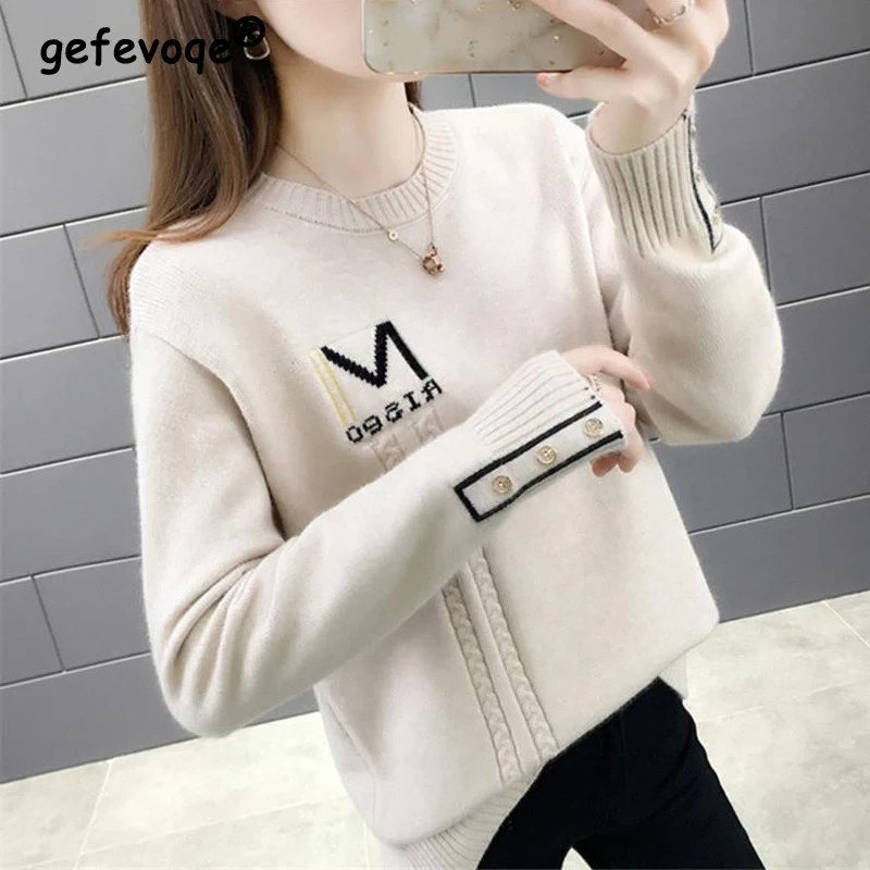 2023 Autumn Winter Women Korean Fashion Letter Button Chic Knitted Sweaters Casual Long Sleeve Loose Pullover Tops Basic Jumpers