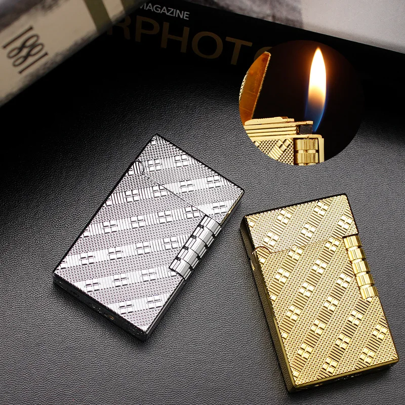

Langsheng Oblique Square Grid Side Sliding Lighter Grinding Wheel Open Flame Butane Lighter Men's Gift Smoking Accessories