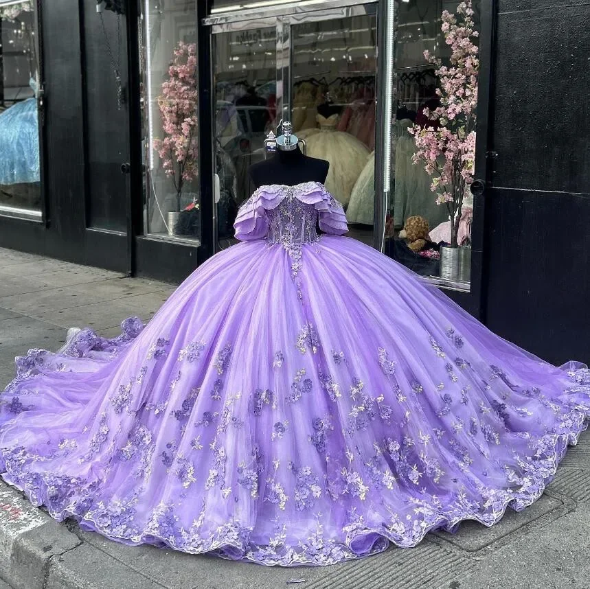 Lace Up Lilac Purple Sparkly Princess Quinceanera Dresses Luxury 3D Floral Applique Boning Off Shoulder vestidos de 15 años quin