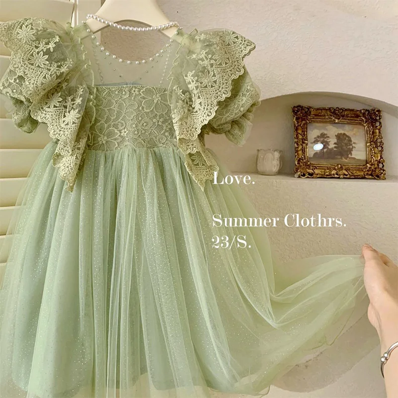 2023 Summer Girls' Pearl Lace Fairy Dress abbigliamento per bambini girocollo in pizzo con maniche a bolle senza maniche Fluffy Mesh Princess Dresses