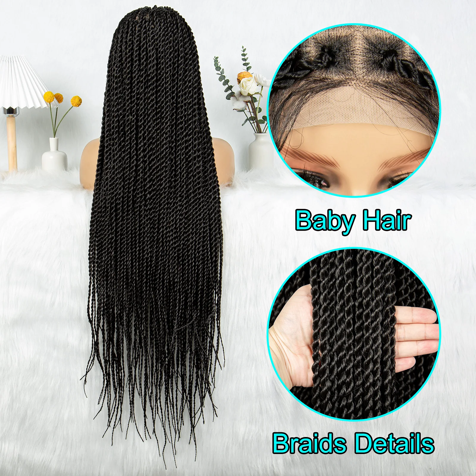 KIMA 38 inch Twist Braided Wigs Transparent Double Full Lace Wigs Synthetic Mirco Twisted Braids Wigs With Baby Hair