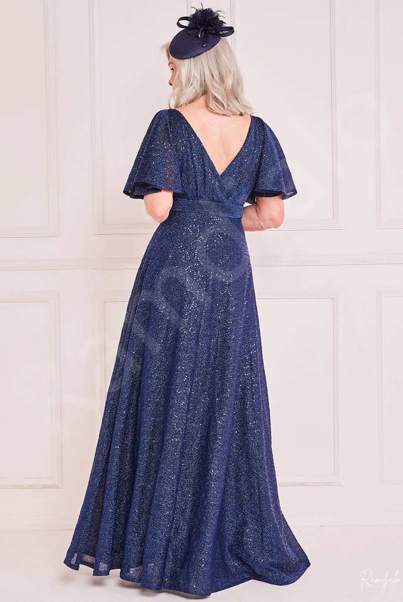 Customized Floor-Length Long Sequined Shiny Bling Navy Blue V-Neck Half Bat Sleeves Mother of the Bride Dresses for Weddings