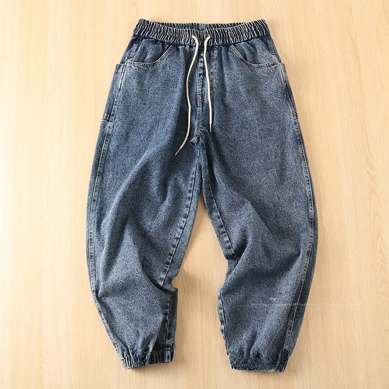 

Мужские джинсы Original Color American Retro Trendy из чистого хлопка, с эффектом потертости, свободного кроя, широкие прямые штанины, с отворотами, весенние.