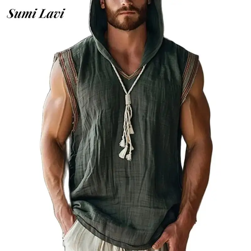 

Daily Leisure Mens Cotton Hoodie Sleeveless Loose Patchwork Hooded Vest Shirts Men Summer Stylish Drawstring Solid Color Hoodies