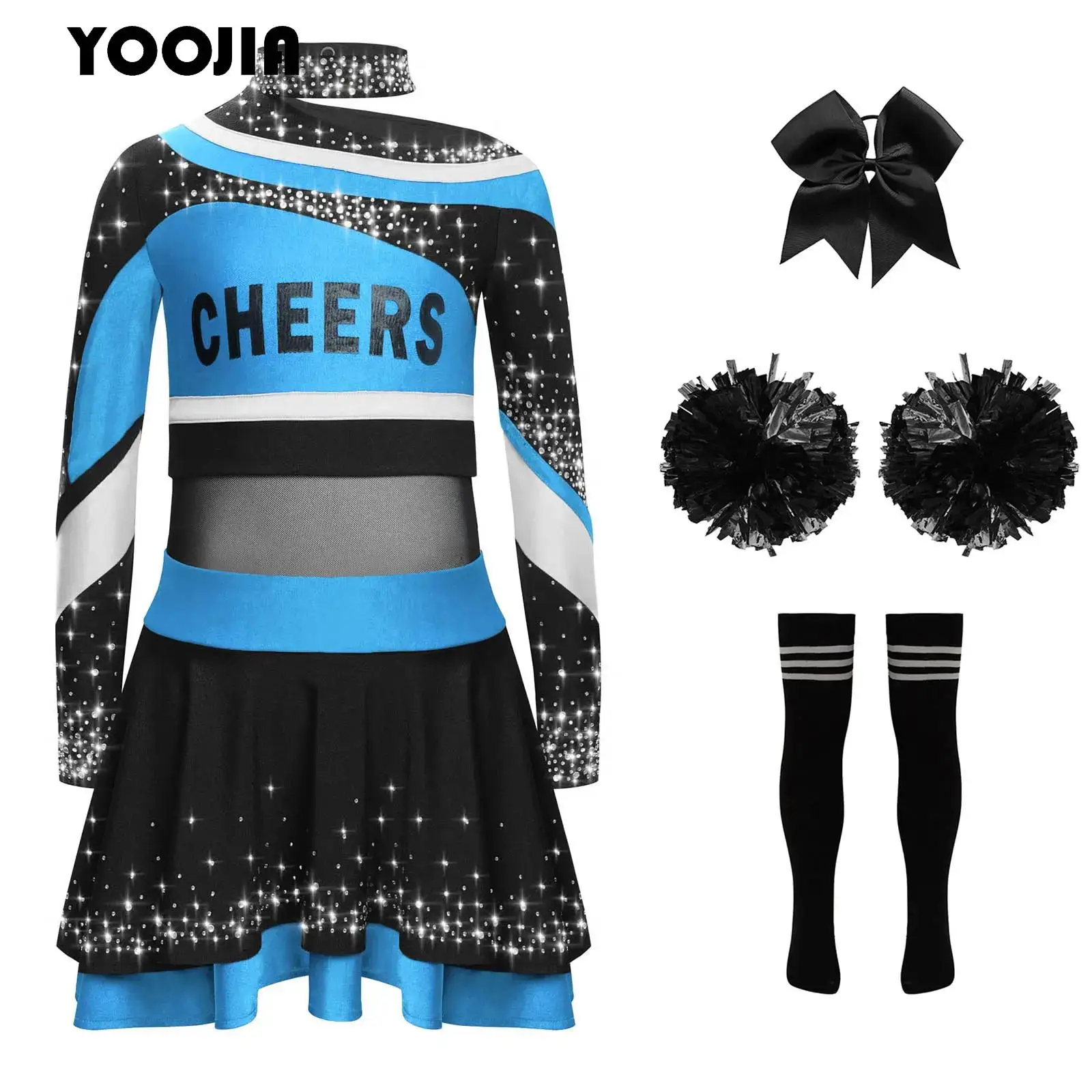 Girls Cheerleader Costume Cheerleading Dance Outfit Rhinestones Sports Meeting Cheerleader Uniform Top Shirt and Skirt 4Pcs Set