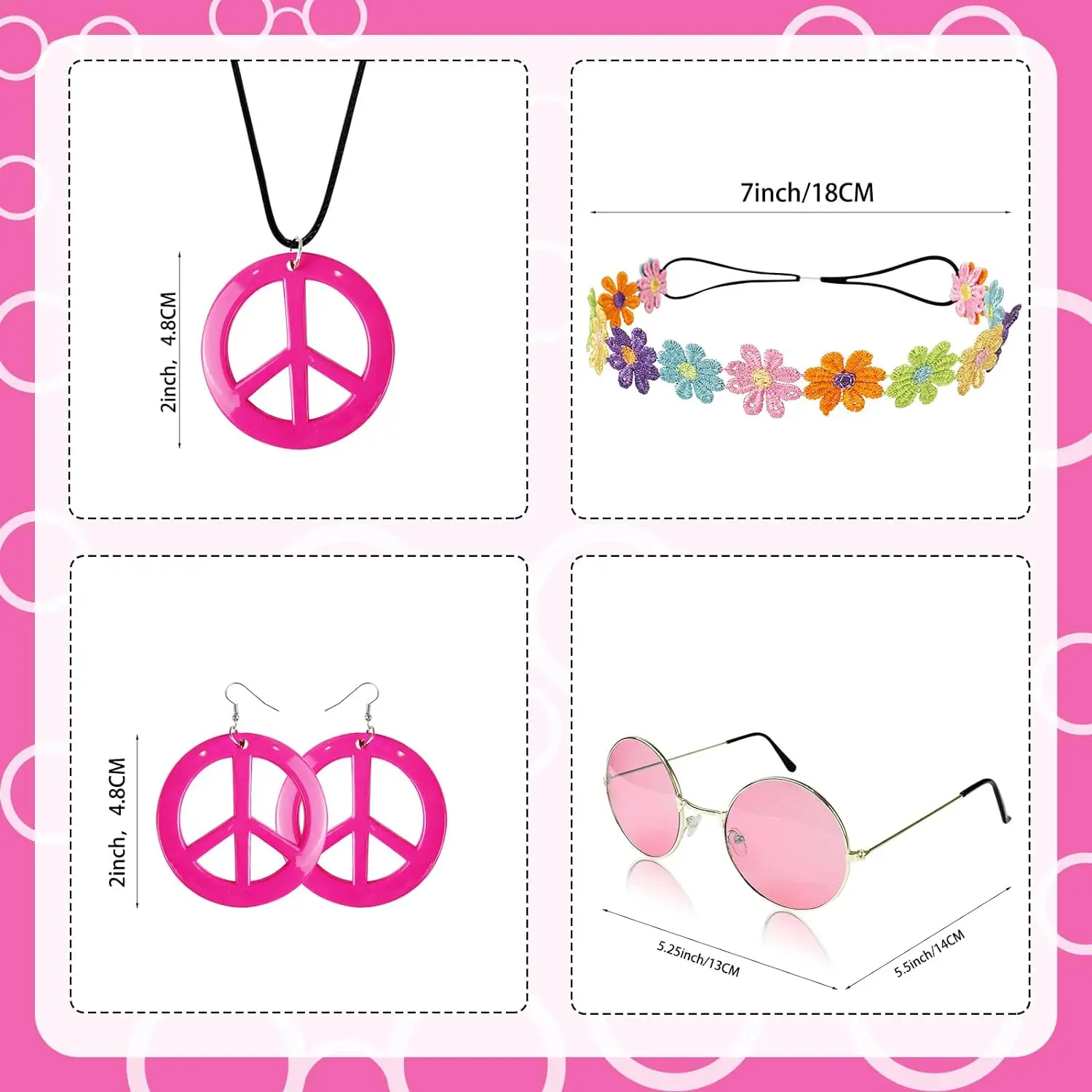 Pesenar Costume Set Includes Peace Sign Necklace and Earrings, Flower Crown Headband and Hippie Sunglasses 70s Accessories