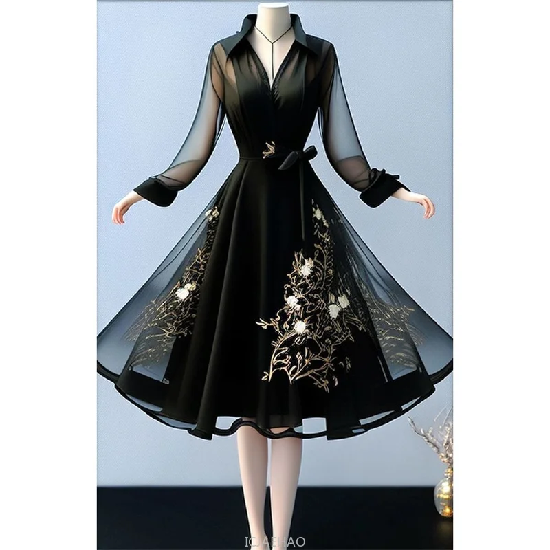

2025 Women's New Vintage Embroidery Shirt Dress Elegant Turn-Down Collar Long Sleeves Lac-Up Mesh A-Line Party Summer Vestidos