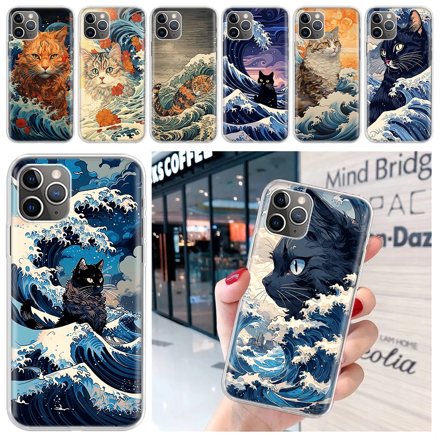 Anime Cat Sea Wave Aesthetic Soft Phone Case for iPhone 16 15 14 Plus 13 12 Mini 11 Pro Max 7 + Apple XS X SE 2020 8 Cover Shell