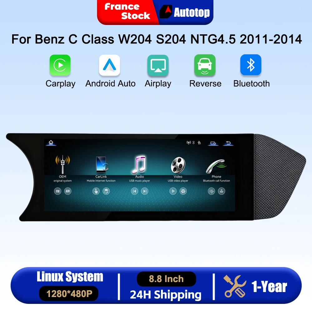 Autoradio sans fil CarPlay Android Auto 8,8 pouces pour Mercedes Benz Classe C W204 S204 2011-2014 Système NTG4.5 Systèmes intelligents de voiture Écran tactile multimédia intelligent avec Bluetooth Navigation GPS Autolink Navi Mirror Link AirPlay