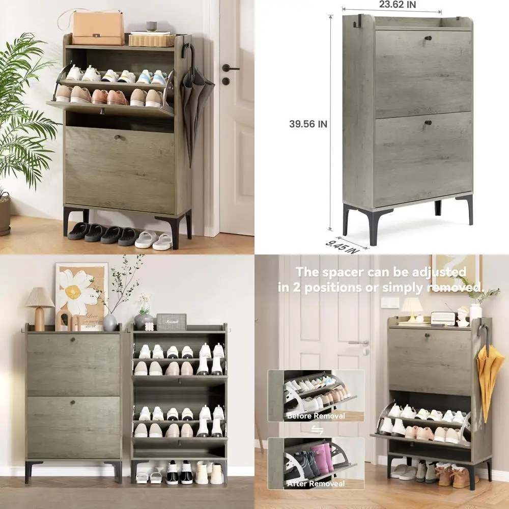 Narrow Farmhouse-Style Shoe Storage Cabinet with 2 Drawers for Entryway and Freestanding Slim Rack
