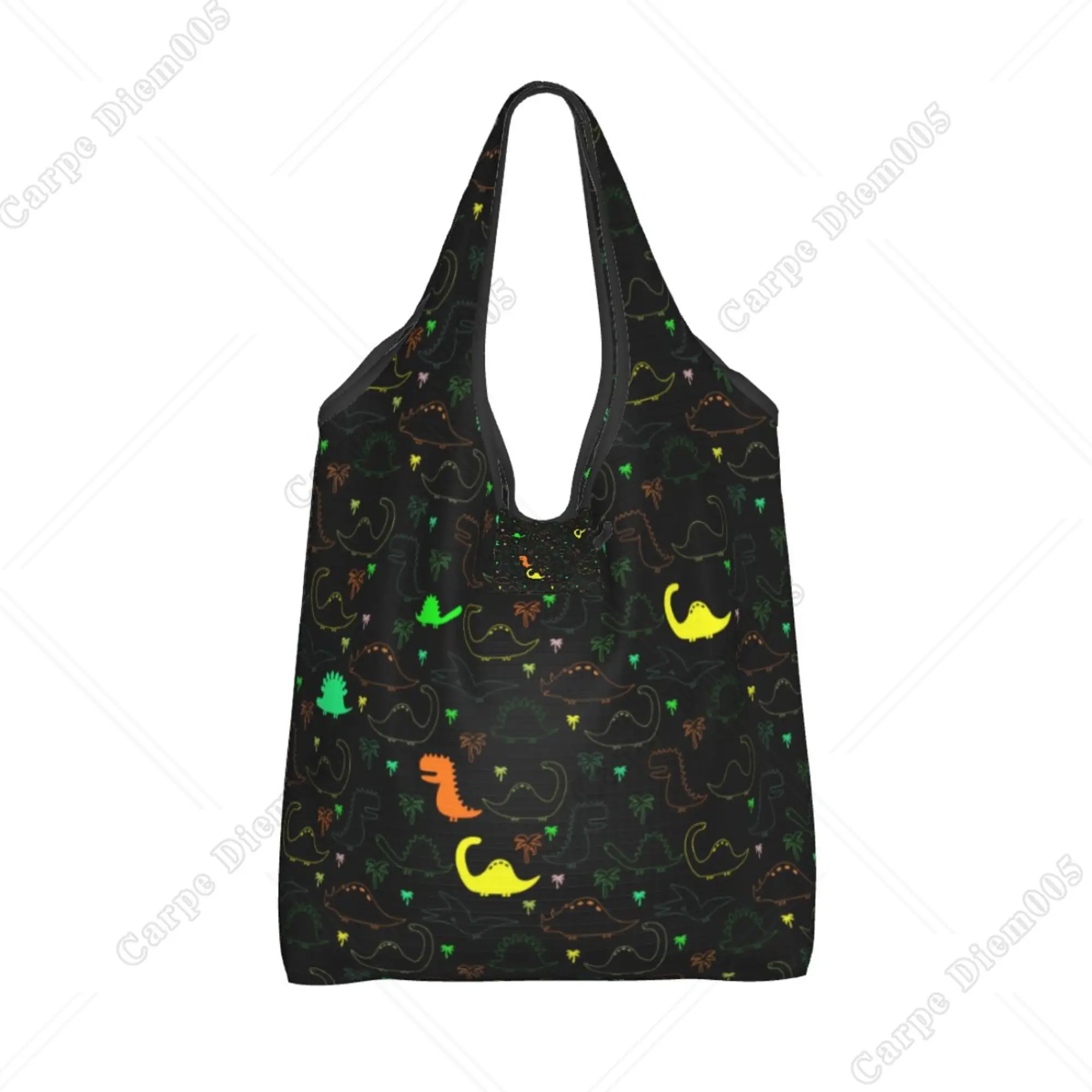 Dinosaur Neon Folding Shopper Bag Portable Tote Bag Recyclable Eco Grocery Bags for Kids Women One Size Reusable Shopping