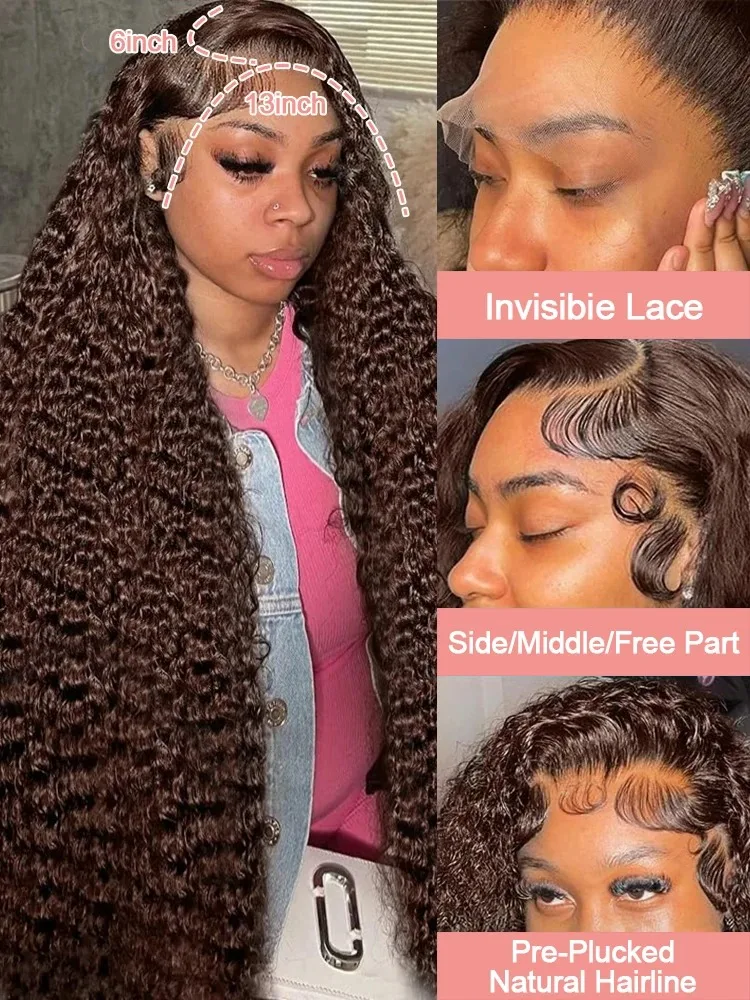 วิกผมมนุษย์แบบลอน 30 36 นิ้ว สีน้ำตาลช็อกโกแลต 13x4 13x6 วิกผมลูกไม้ HD แบบมีเชือกผูกด้านหน้า วิกผมลอนลึกแบบมีเชือกผูกด้านหน้าสำหรับผู้หญิง