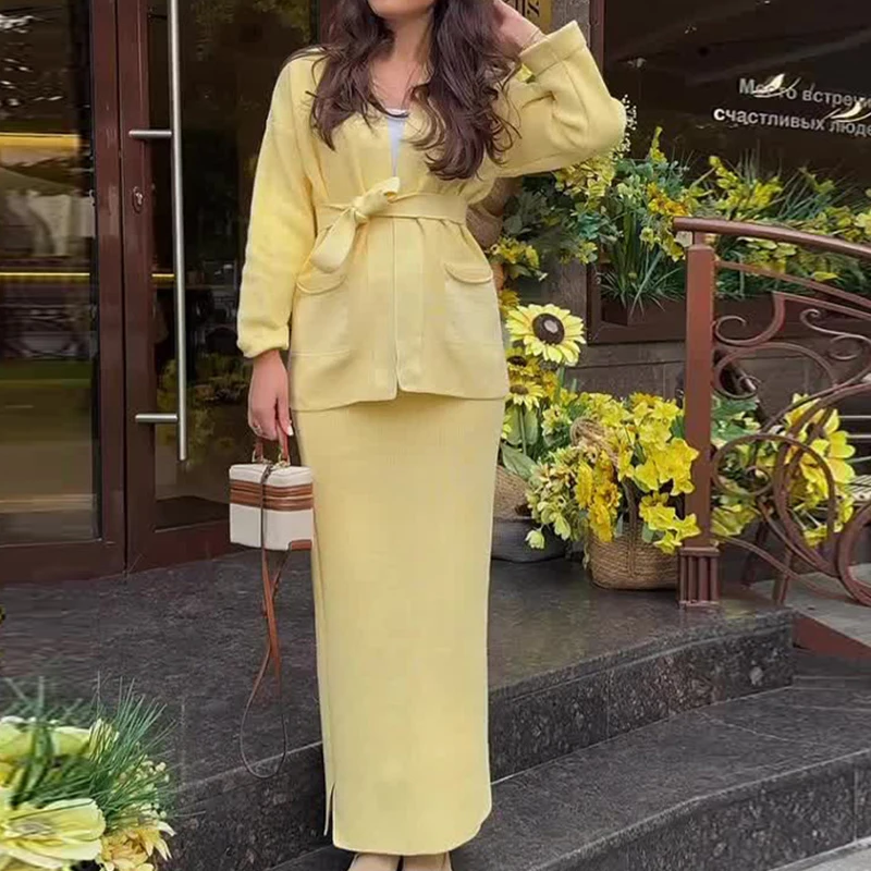 Элегантные трикотажные однотонные юбки, повседневные кардиганы с длинными рукавами и длинные юбки, женские модные разноцветные костюмы из 2