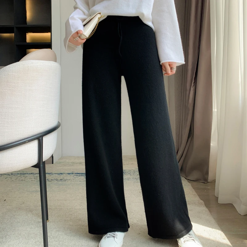 

High-end Women Wide Leg Pants 100% Cashmere Trousers For Office Knitted Pure Color Trouser Autumn Winter High Waist Casual Pants