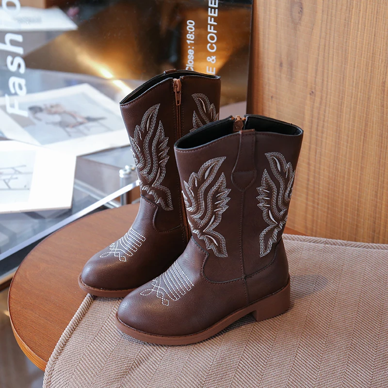Kids Girls Brown Glitter Western Cowboy Boots, Embroidered Design, Side Zipper, Non-slip Sole for Dress-up & Casual Wear EU Size