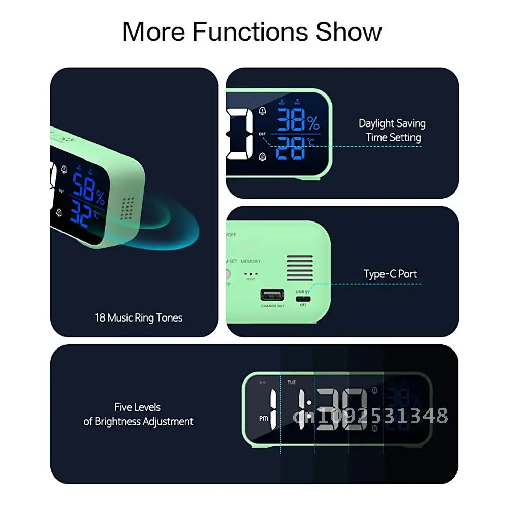 Music digital alarm clock voice control temperature air humidity display desktop clock decoration built-in 1200mah.