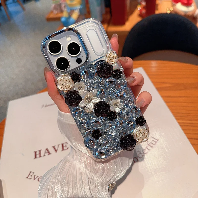 For iPhone 16 17promax phone case for iPhone 13 14 15Promax diamond rose case 12pro 11 flower cover Glitter funda women