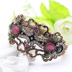 Neovisson Ethnic Women Cuff Bracelet Flower Antique Gold Color Resin Turkish Jewelry Rhinestone Banquet Wedding Wrist Jewelry