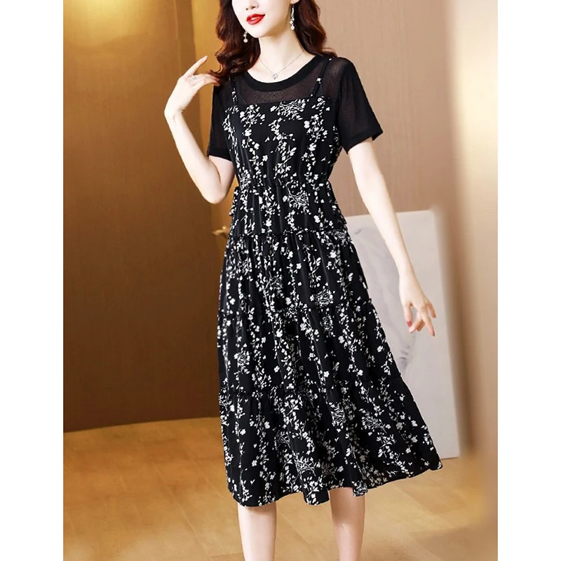 

Fashion O-Neck Printed Spliced Bandage Fake Two Pieces Floral Dress Women's Clothing 2024 Summer New Loose Commuter Casual Dress