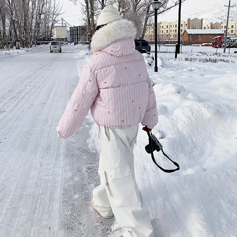 Women's Winter Big Fur Collar Hooded Cotton Jacket Korean Fashion Bow Printed Cotton-Padded Coat Casual Thickened Warm Outerwear